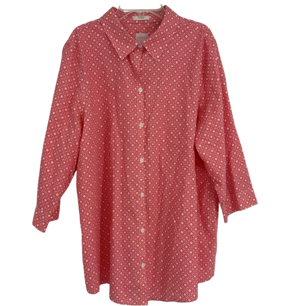 Chico's No-iron Button Front Cotton Top Size 3 (XL) Pink White Geo Print